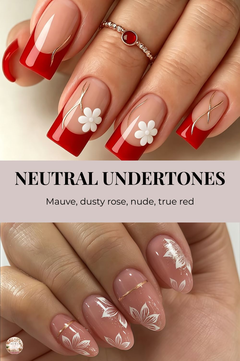 Neutral undertones nail color examples including mauve dusty rose nude and true red